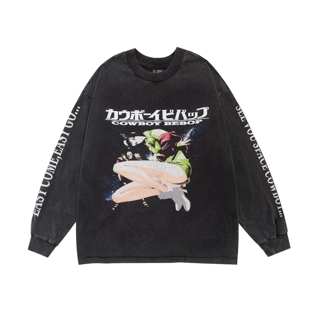 American fashion Saint Michael planet denim co-branded retro washed, distressed, splashed ink loose long-sleeved bottoming T-shirt Fabric: 260g Style number: SM19 Size: S-M-L-XL Color: Black Price: P156